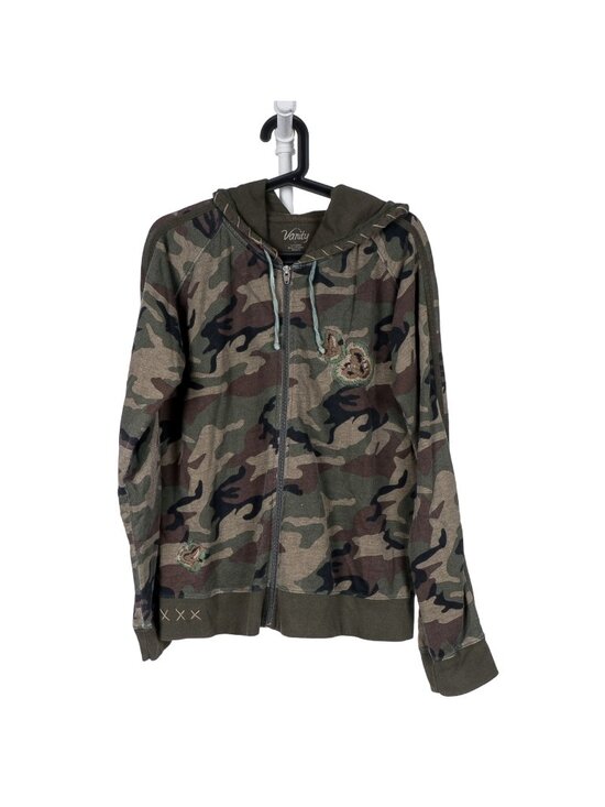 Vanity Jackets & Blazers - Camo Hoodie Jacket L Womens Green Full Zip Embroidered Stitching Cotton